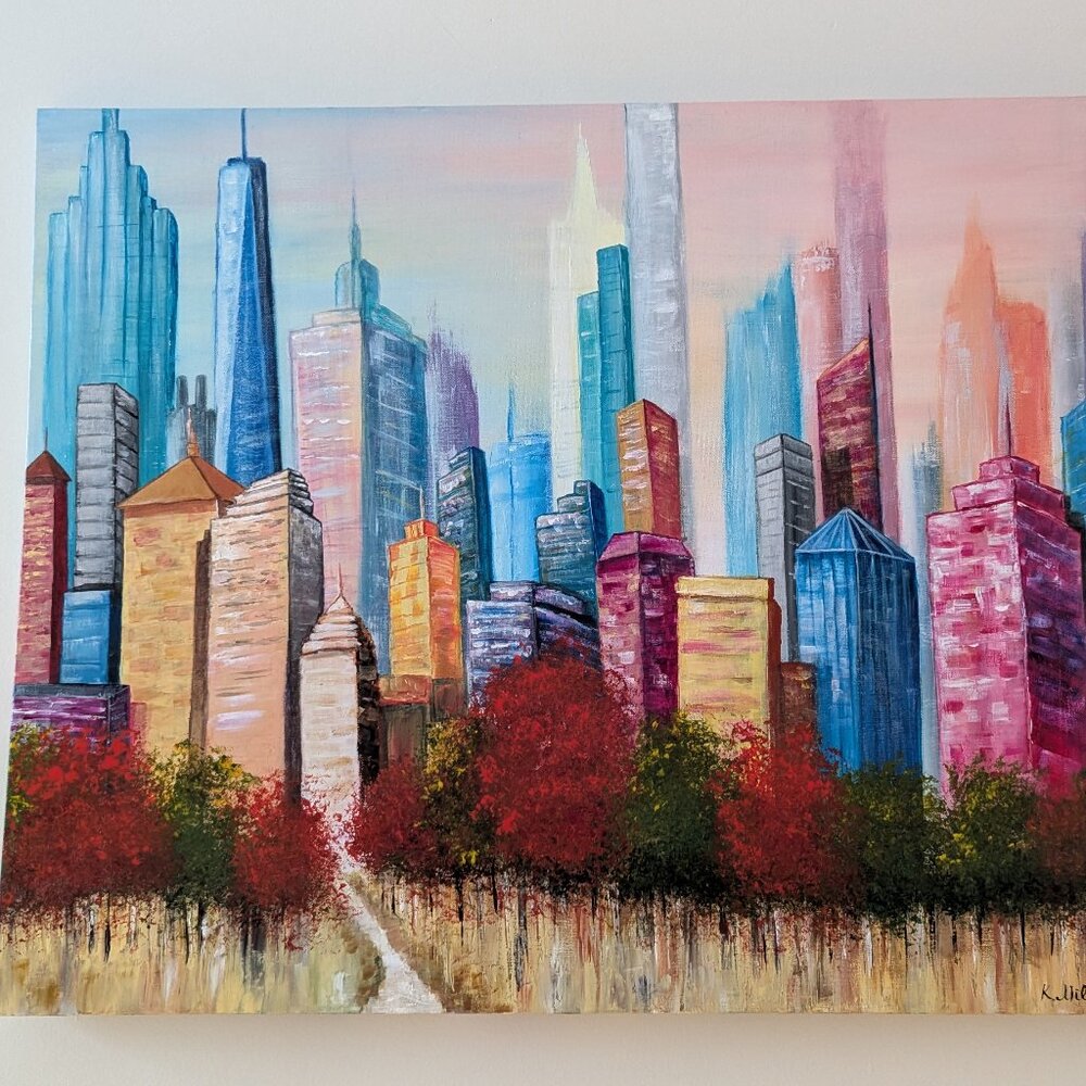 Original Colorful Acrylic Painting New York City Skyline From Central Park 30x24 - Picture 4 of 14